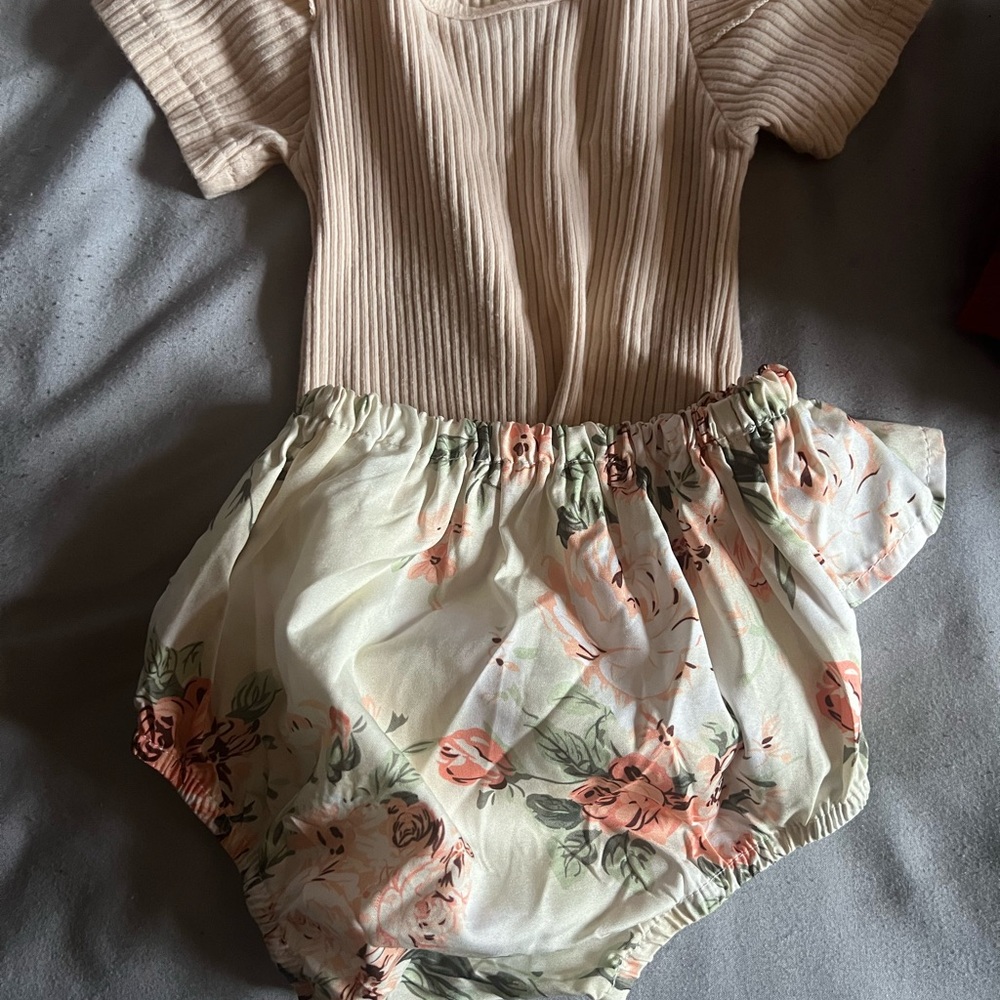 Cream and Green Matching Set with Floral Bloomers